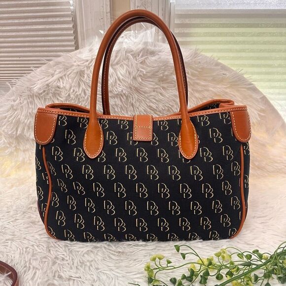 Dooney & Bourke Signature DB Logo Black Canvas & Brown Leather Hand Shoulder Bag - Picture 4 of 12